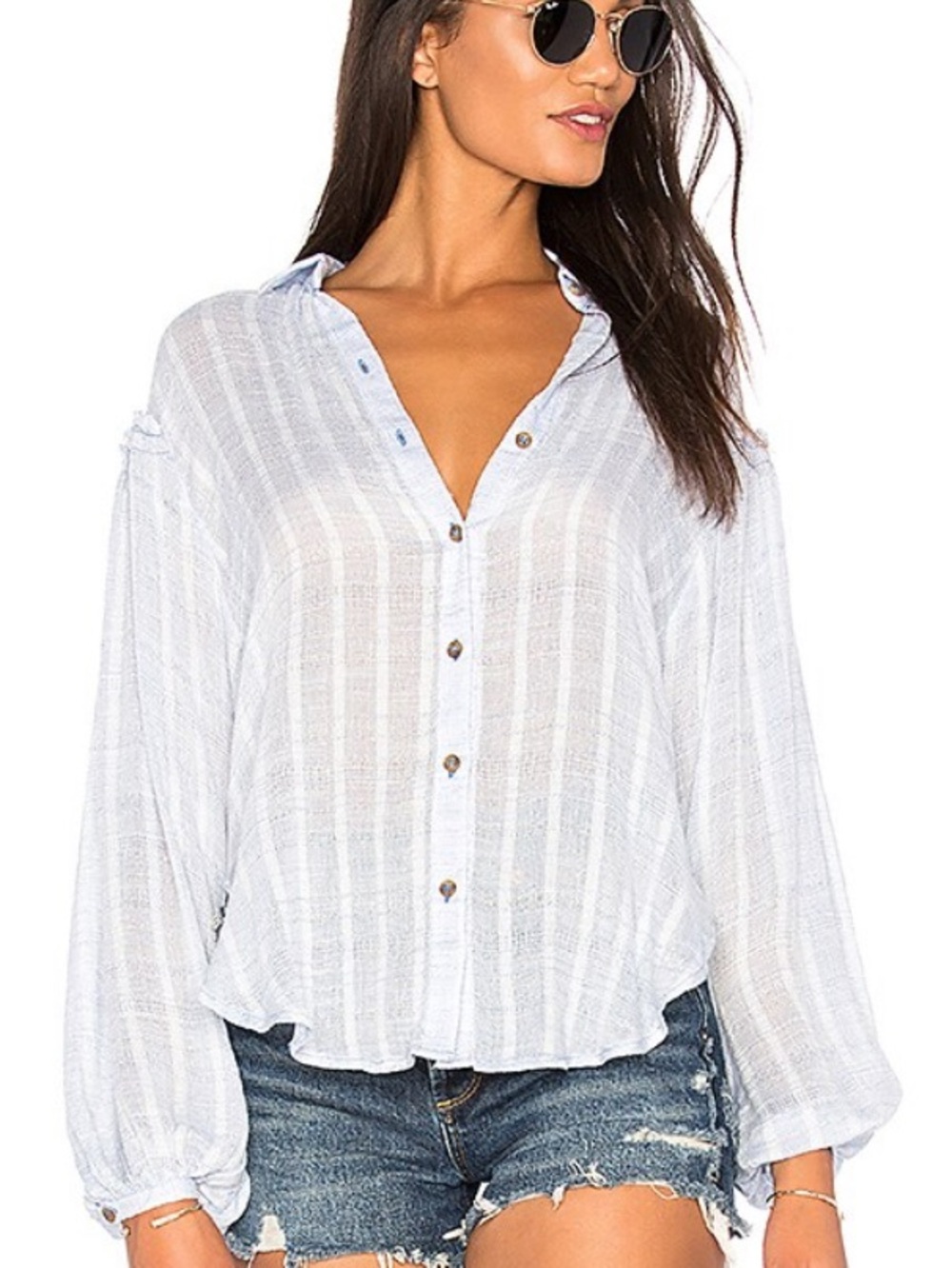 Free People White Vertical-Stripe Button Down Shirt